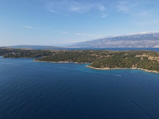 Aerial view of Potocnica, Lun and Novalja in island of Pag, archipelago of Croatia. Panoramic drone view of waterfront, idyllic and turquoise sea in Novalja, Adriatic Sea in Dalmatia region.
