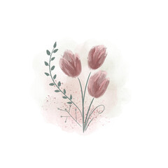 Sweet pink flowers illustration in watercolor paint style