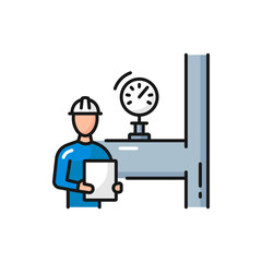 Manometer and oil production control operator, color outline icon. Vector man in hard hat with paper controlling gas fuel transportation in pipelines