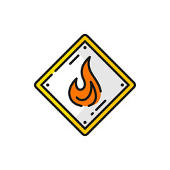 Fire flame precaution safety emergency label isolated outline icon. Fire flame danger metal label, vector caution alarm hazard warning flammable sign