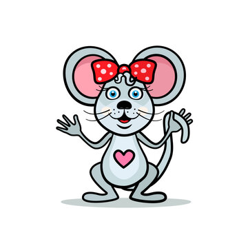 Mouse female with heart and hair bow isolated on white background - vector