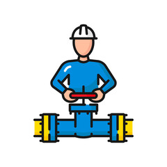 Fototapeta premium Pipeline and plumber engineer fixing gauge valve isolated color outline icon. Vector industrial faucet for water, oil or gas pipeline, pipes sewage