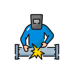 Welding industry worker welds pipe or pipeline isolated color outline icon. Vector manufacturing worker, gas and oil industry welder with welding equipment