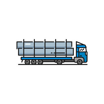 Long vehicle trailer truck oil industry transport. Vector pipeline transportation machine, pipe transporting truck, gas and oil industry transport