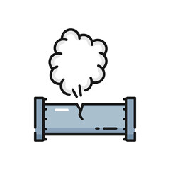 Gas leak in pipeline isolated color outline icon. Vector pressure and leakage in factory piping system, engineering failure, plumbing need to repair