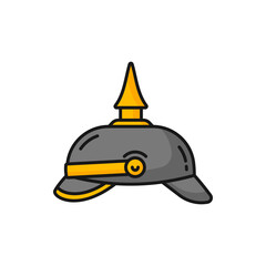 Naklejka premium Military helmet of German army, pickle hub hat isolated color outline icon. Vector Germany army helmet with spike of First World War army