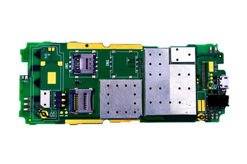 electronic circuit board isolated on white background close-up 