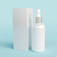 Serum glass bottle with box isolated on blue background. 3D Rendering