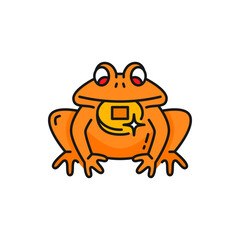 Frog with money coin, chinese Feng Shui symbol color outline icon. Vector Feng Shui charm and prosperity symbol. Jin Zhaocai Chan Chu money road frog