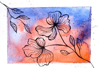 Drawn beautiful flowers with a black pen on a watercolor colored background