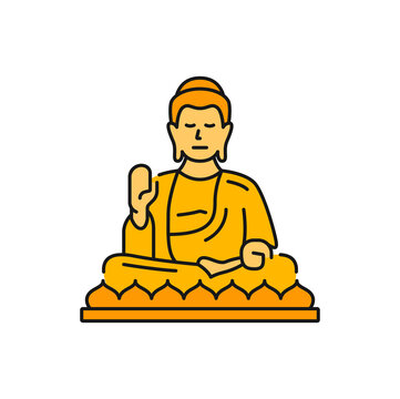recommend clip art: Tian Tan Buddha prayer in zen, meditating person golden statue Hong Kong landmark. Vector buddhist prayer, monk in robe praying, HK buddha