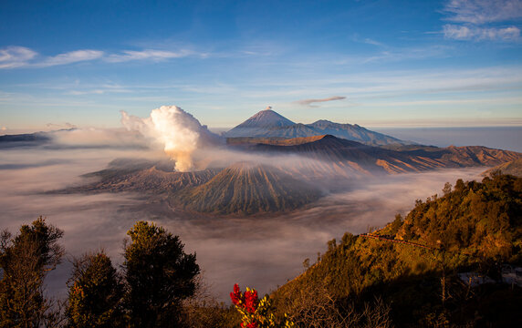 Beautiful view of the collection of mountains in Bromo Tengger Semeru National Park in the morning from Penanjakan. You can see Mount Bromo, Mount Batok, the Peak of Mount Semeru, and Mount Widodaren.
