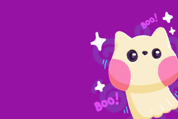 fondo morado con ilustración de gato con traje de fantasma