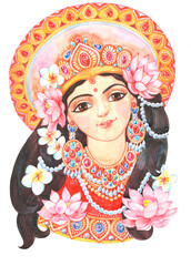 Goddess Lakshmi, a portrait of a beautiful young girl in flowers and jewelry with black hair is painted in watercolor on a white background.