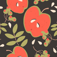 Ornament mit Beeren, Blätter, Äpfel für Tapete oder Packpapier. Nahtloses Motive. Vintage-Muster. Bunte Rapport. Herbst

