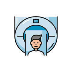 MRI, radiology CT scan line icon, medical diagnostics with resonance scanner, vector tomography machine. MRI or magnetic resonance imaging device and patient head for medical examination