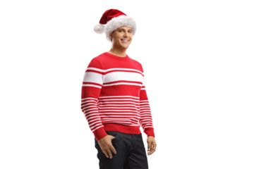 Young man wearing a christmas santa hat and a red sweater