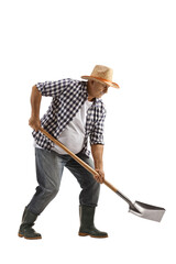 Full length shot of a farmer digging with a shovel - obrazy, fototapety, plakaty