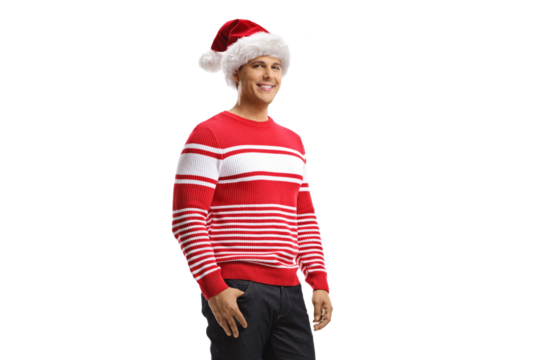 Young man wearing a christmas santa hat and a red sweater - Powered by Adobe