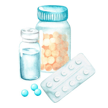 Composition of medicinal products. Watercolor illustration. Isolated on a white background.