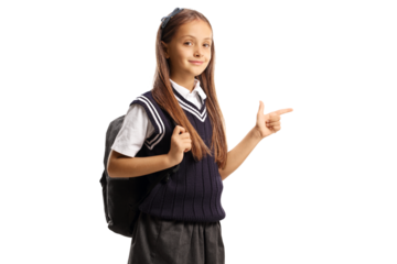 Schoolgirl with a backpack and a uniform pointing to the side