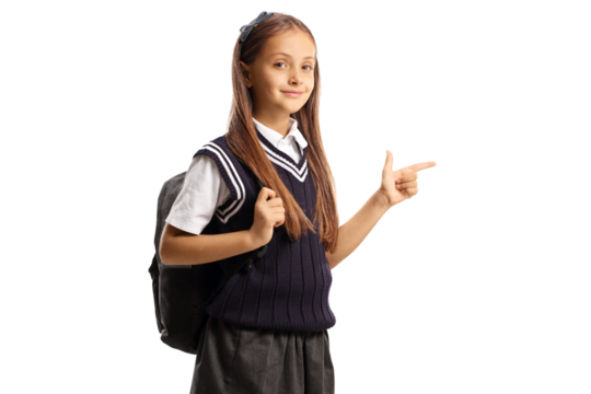 Schoolgirl with a backpack and a uniform pointing to the side