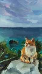 Cat sea oil painting. Portrait of a cute red and white cat on a turquoise sea background. Original vertical author's illustration. Serious cat oil painting on canvas. Contemporary art. Travel concept