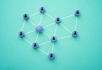 3D illustration of people connection with the network in the form of a mesh represented with wooden pieces on a blue background