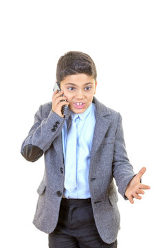 Little Businessman is Anxious on Mobile on Isolated White Background
