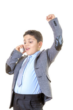 Little Businessman is Very Happy on the Phone Against White