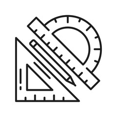 Architect development, construction and engineering vector icon of rulers and pencil. Interior design, architect apartments project and home building plan service line icon for real estate development