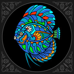 Colorful Discuss fish zentangle arts isolated on black background