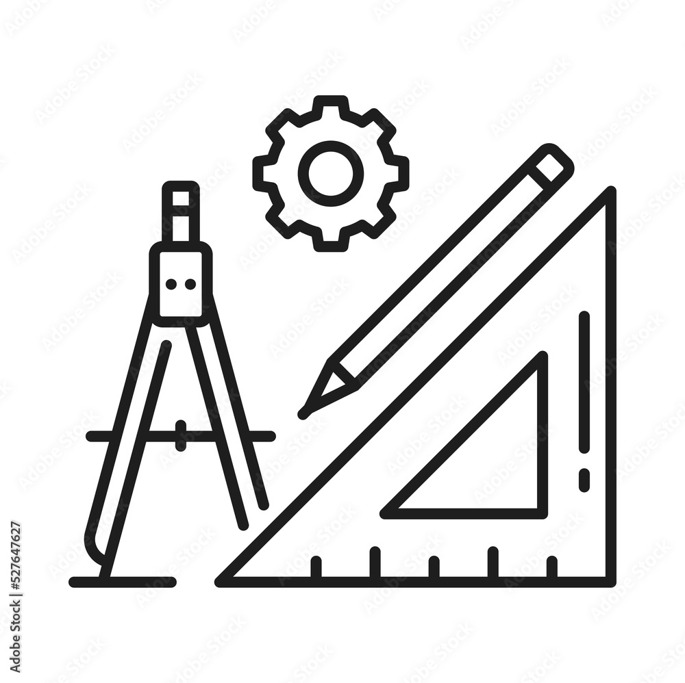 Poster architect development and interior design project tools icon, vector line. designer ruler, pencil an