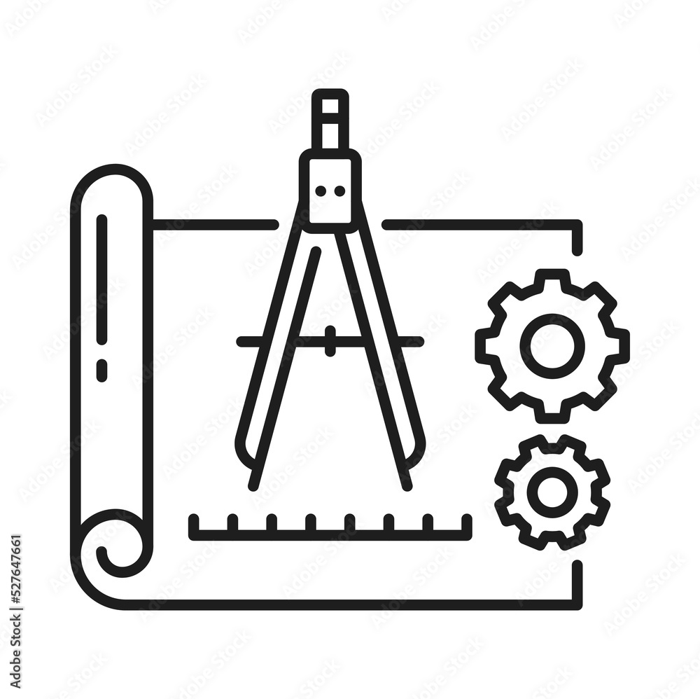 Poster architecture, interior design project plan icon for architect development, vector line. home constru