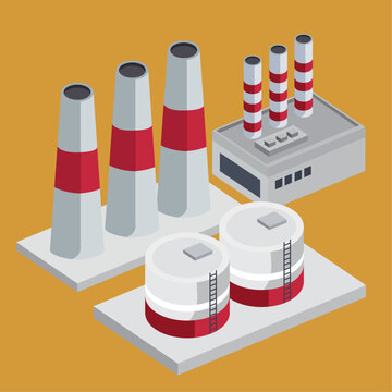 isometric industrial chimneys and tanks