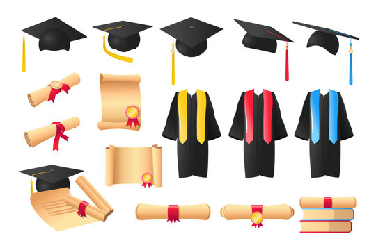 Graduation gown and diploma cartoon illustration set. Honors diploma, graduation clothing or uniform, hat or cap for students. Education, prom, university, ceremony, achievement concept