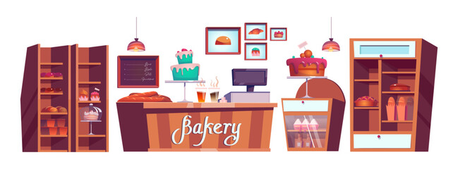 Interior of empty cozy bakery cartoon illustration set. Cafe shop with wooden furniture, desk and shelves. Large assortment of fresh cakes on display stands. Retail, production, service concept