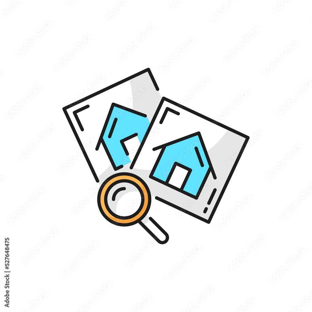 Poster Architect development, outline icon of new project search by magnifying glass. Vector drafts of house exterior on papers, research of building documents