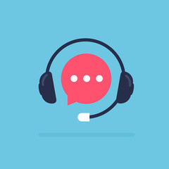 Podcast or radio design. Headphones and mike logo. Tech support and customer service landing. Bubble chat. Vector illustration isolated on white background.