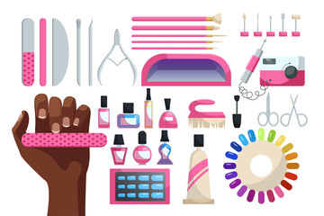 Manicure equipment or tools vector illustrations set. Cartoon drawings of female hand, different accessories and products for nail art, nail polish, file, scissors. Manicure, beauty salon concept