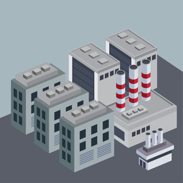isometric gray buildings and chimneys