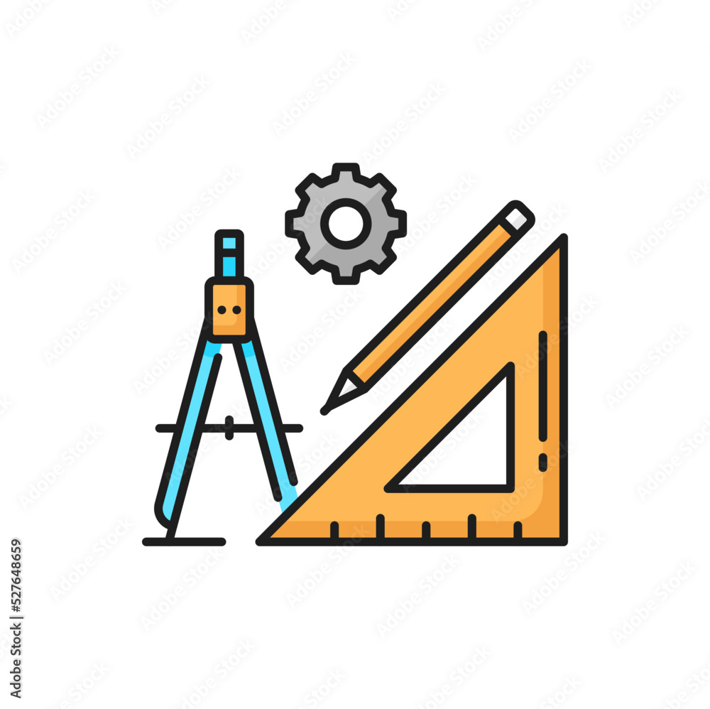 Aufkleber Measure triangle ruler and pencil, compass divider and gear tool isolated architect development icons. Vector measurement instruments, school objects