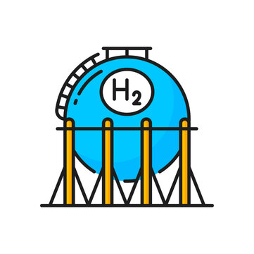 Hydrogen Cistern Color Icon, H2 Green Fuel Energy Production, Vector Power Plant. Hydrogen Or Oxygen Cell Electrolysis Factory, Hydrogen Tank For Gas Refueling, Chemical Station Linear Symbol