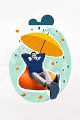 Creative abstract template graphics image of guy sitting beanbag under parasol hands behind head isolated drawing background