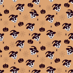 Seamless pattern with cute skulls Halloween symbols. Hand-drawn vector illustration.