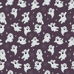 Seamless pattern with cute ghosts for Halloween. Hand drawn vector illustration.