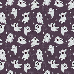 Seamless pattern with cute ghosts for Halloween. Hand drawn vector illustration.