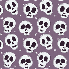 Seamless pattern with cute skulls Halloween symbols. Hand-drawn vector illustration.
