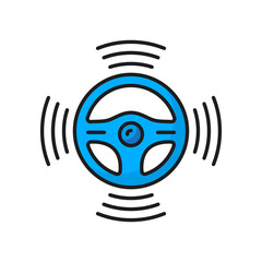 Driverless car autonomous steering wheel outline icon. Vector drive tech creative symbol, futuristic auto technology, driver less vehicle, vr steer wheel