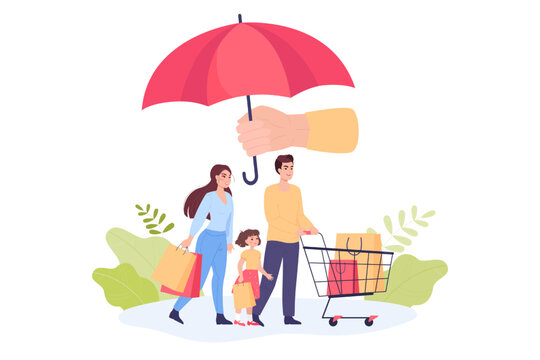 Family with shopping bags standing under umbrella. Consumer rights protection flat vector illustration. Defense, law, safety, justice, privacy, commerce, regulation concept